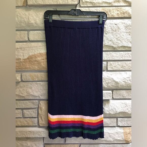 ModCloth Spirited Spectrum Navy Knit Skirt With Rainbow Stripes Pride Office XS - Picture 3 of 9